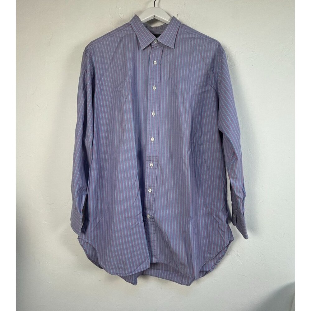 Robert Talbott Mens Striped Button-Up Dress Shirt 16.5/34 Blue Pink Long Sleeve